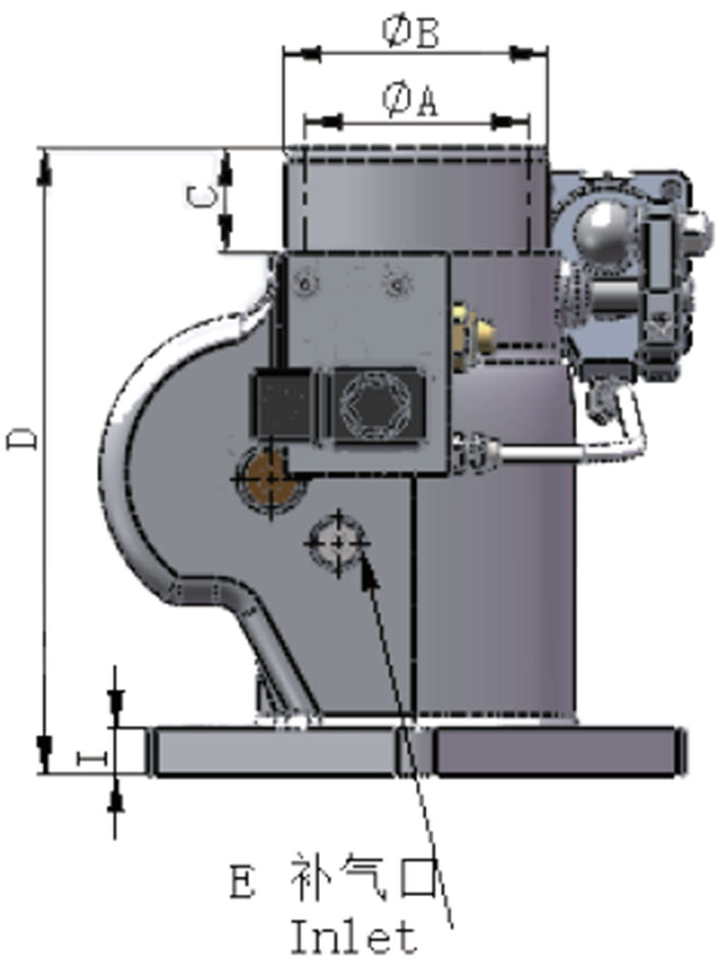 变频喷油螺杆空压机配件——RH-40/50/65/90/120/160D/BE进气阀外形尺寸图