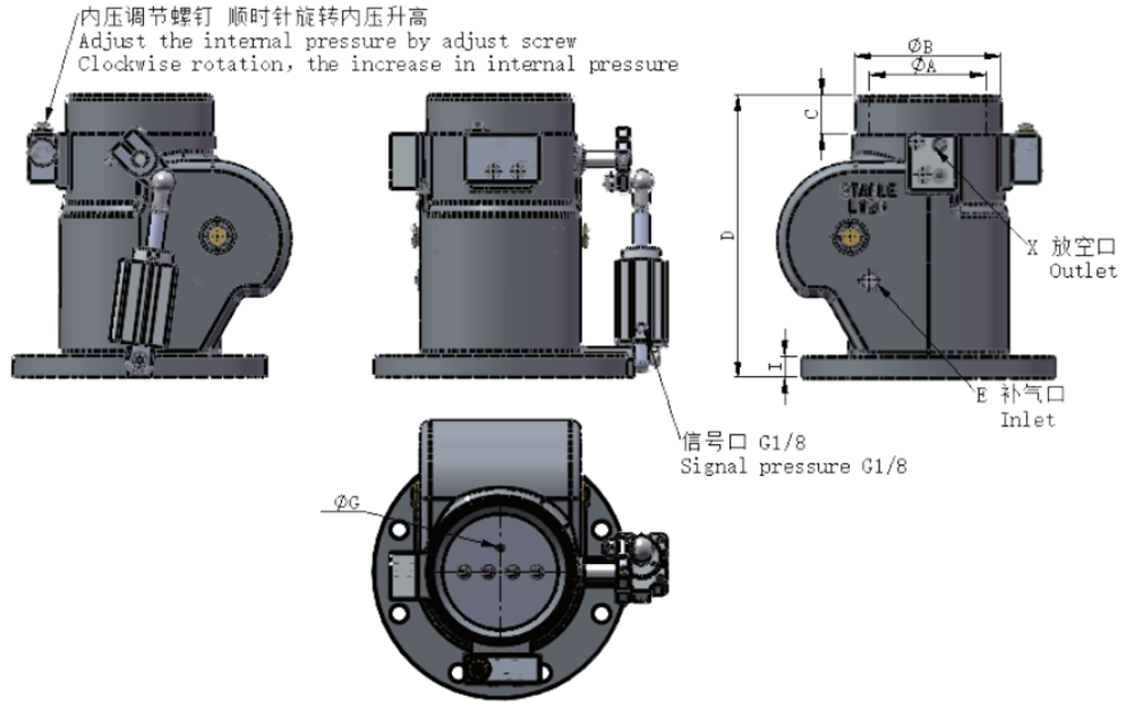 移动螺杆空压机配件——L/D40/50/65/85/120/160H/O进气阀外形尺寸图