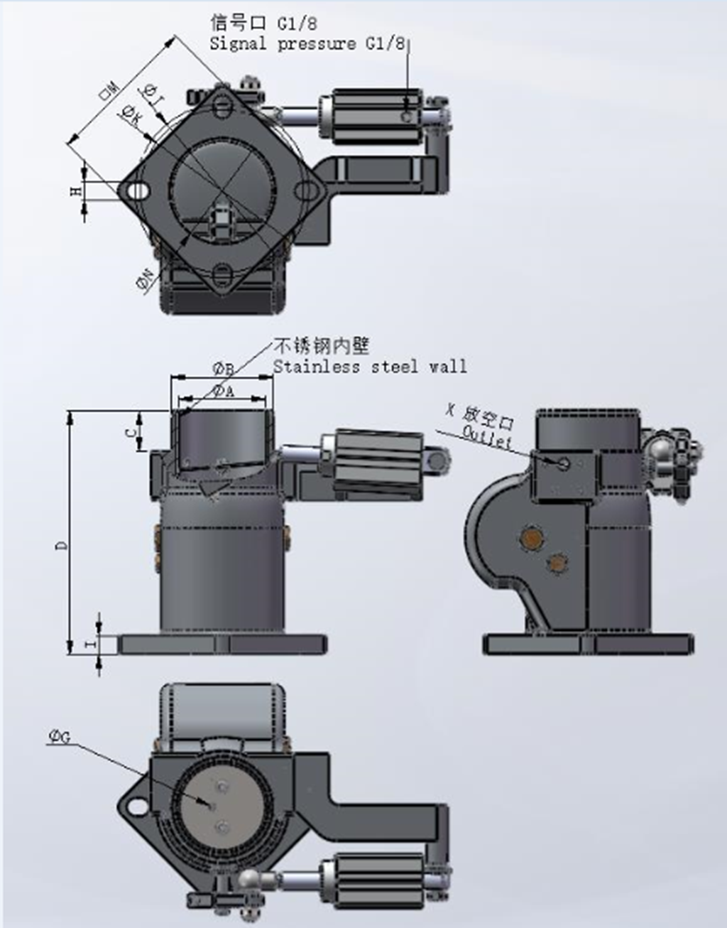 水润滑螺杆空压机配件——L/D65/85/120/160H进气阀外形尺寸图